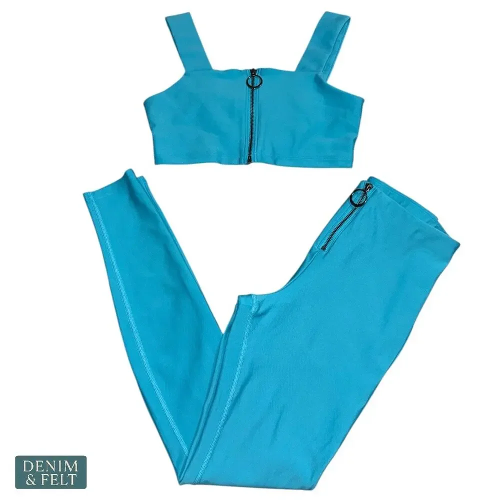 Alo Yoga Bright Aqua Zip Front Fast Bra High‎ Waist Leggings Two Piece Set Gym